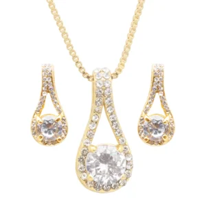 Gold White Stone Pendant with Chain and Stone Earring Set