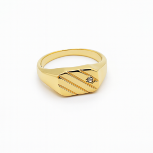 Gold Plated Men's Ring with Stripes and Stone